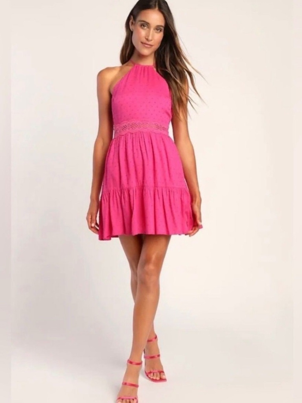 Lulus So Dainty Hot Pink Swiss Dot Halter Neck Lace Mini Dress